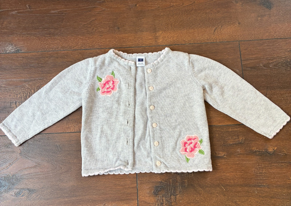 Janie And Jack 18-24M Baby Girls Gray Cardigan Embroidered Pink Flowers